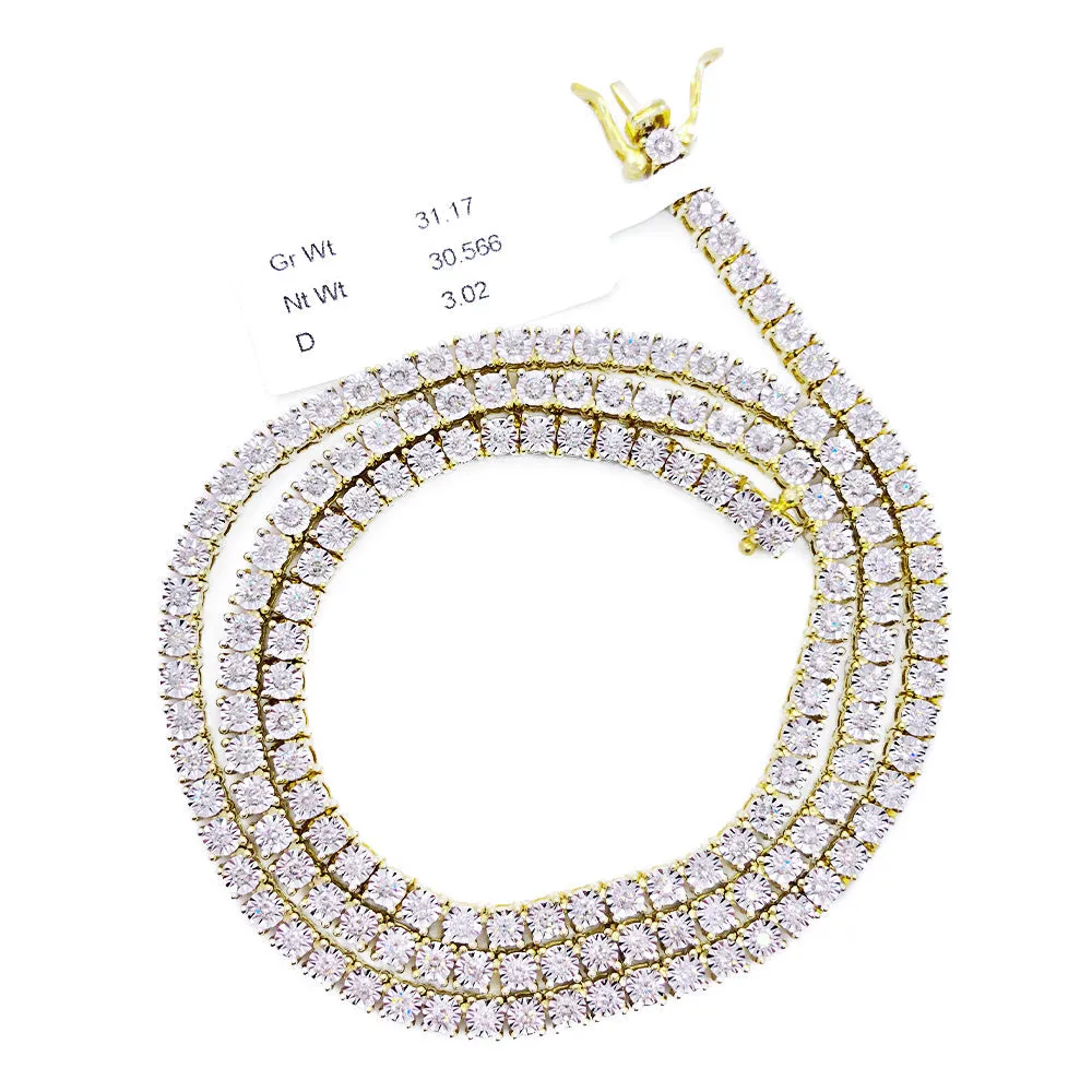 10K Yellow Gold Diamond Tennis Chain 3MM Miracle Setting