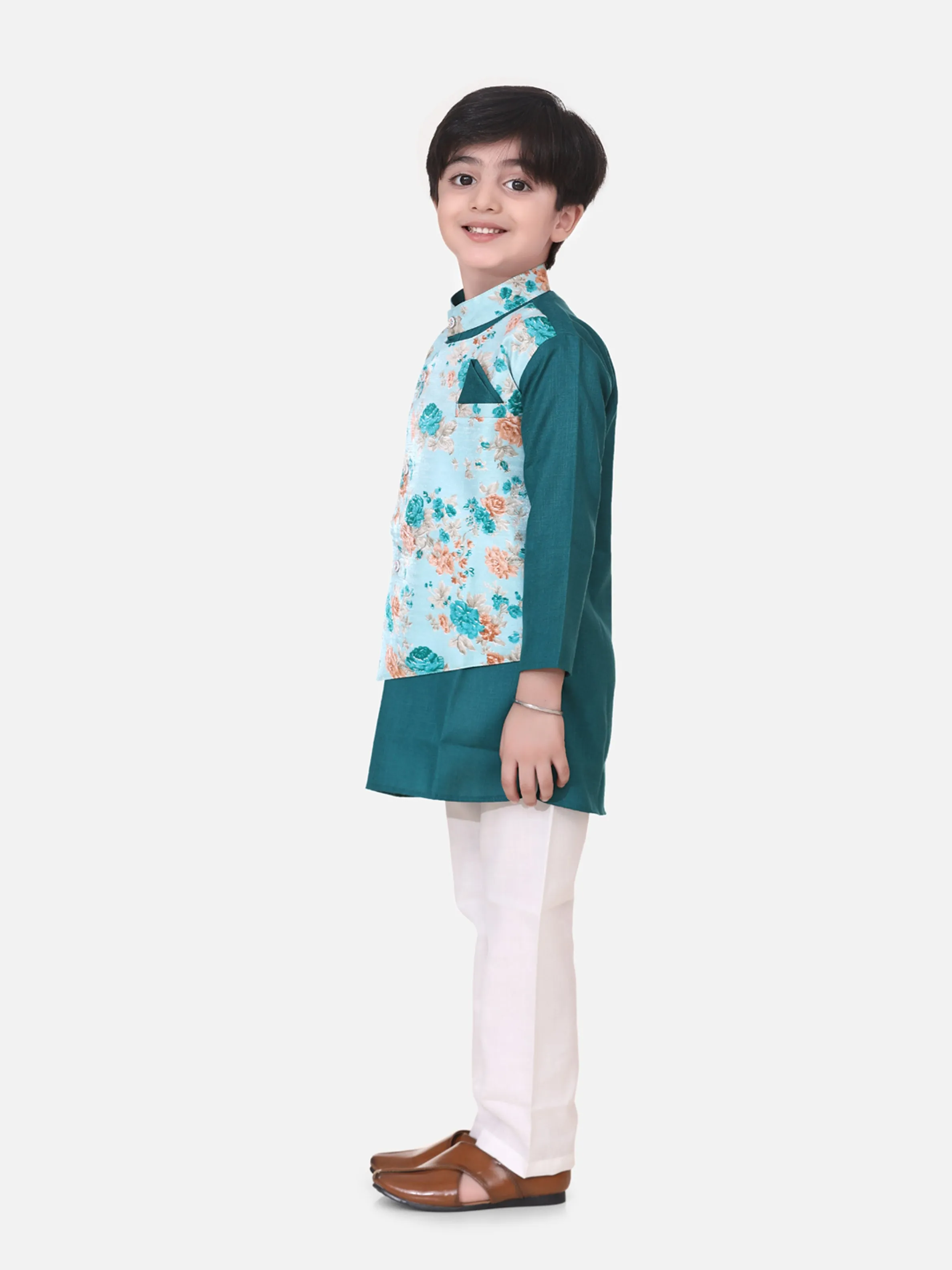 Attached Floral print Jacket Cotton Kurta Pajama For Boys-Green