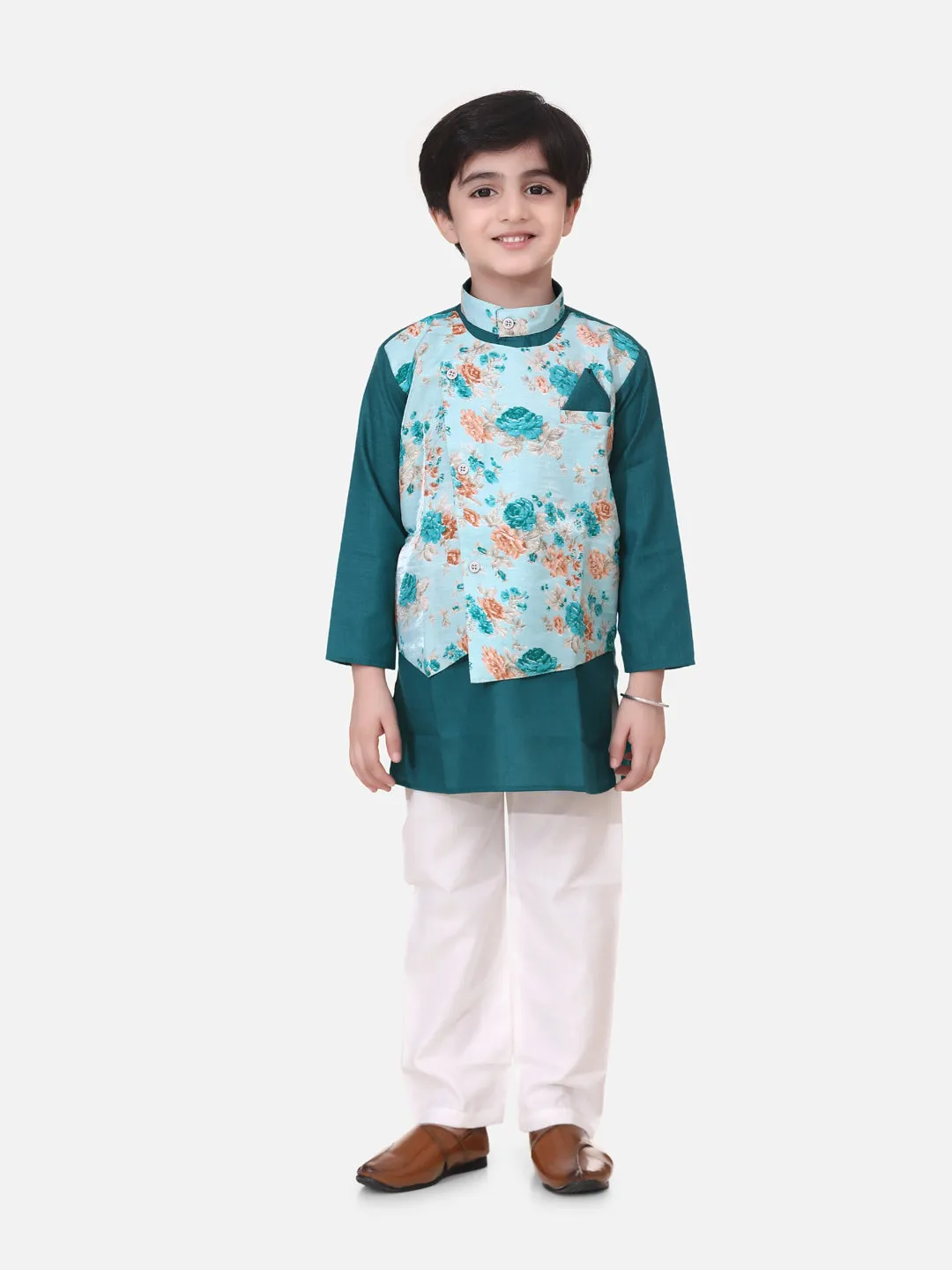 Attached Floral print Jacket Cotton Kurta Pajama For Boys-Green