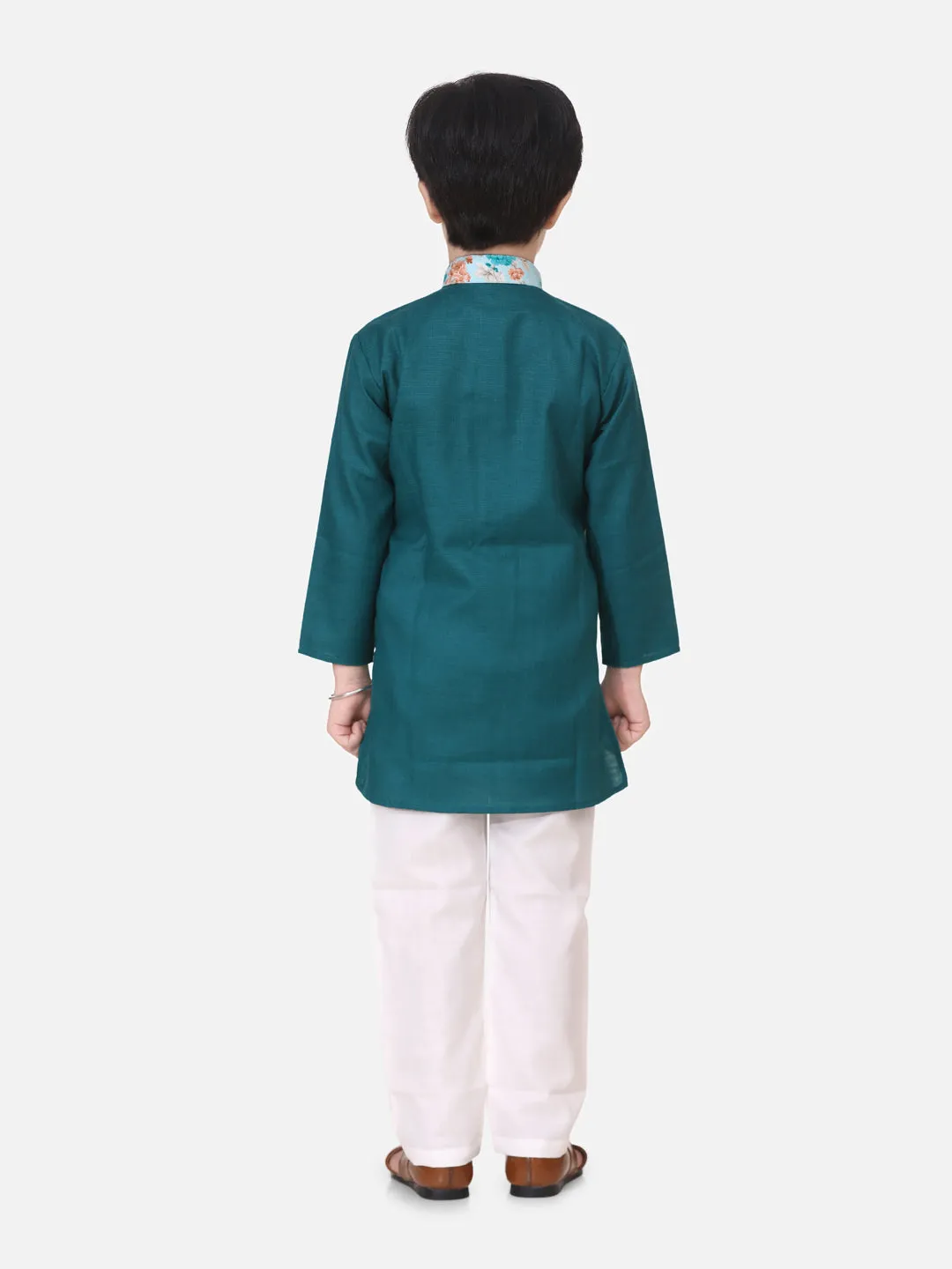 Attached Floral print Jacket Cotton Kurta Pajama For Boys-Green