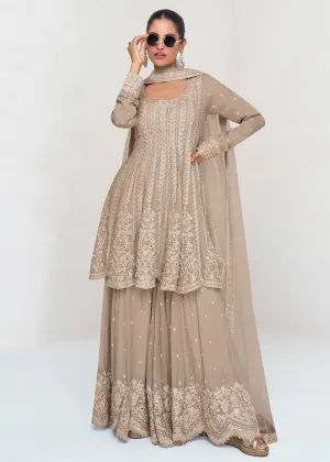 Beige Designer Embroidered Wedding Sharara Suit