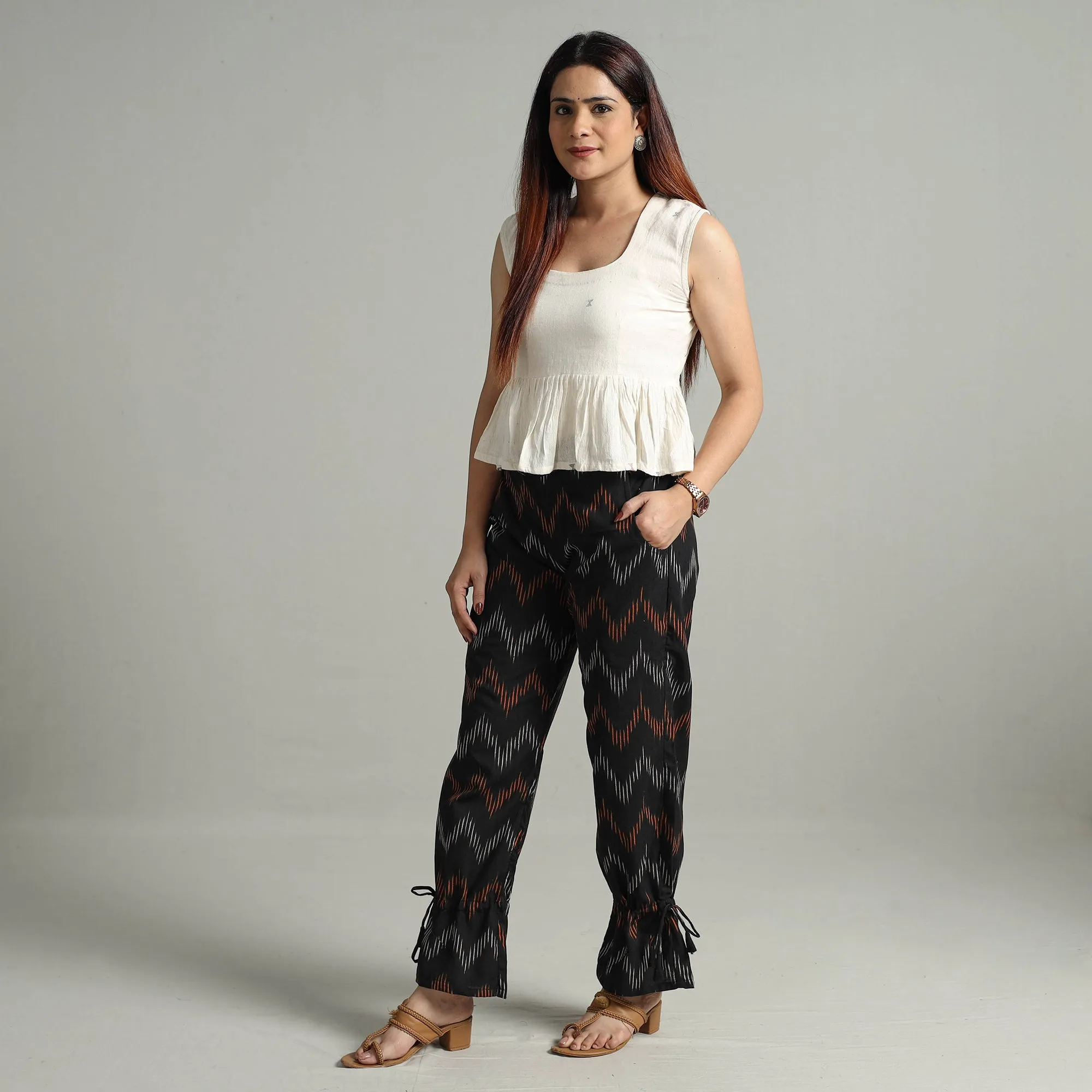 Black - Pochampally Ikat Weave Cotton Elasticated Pant 13