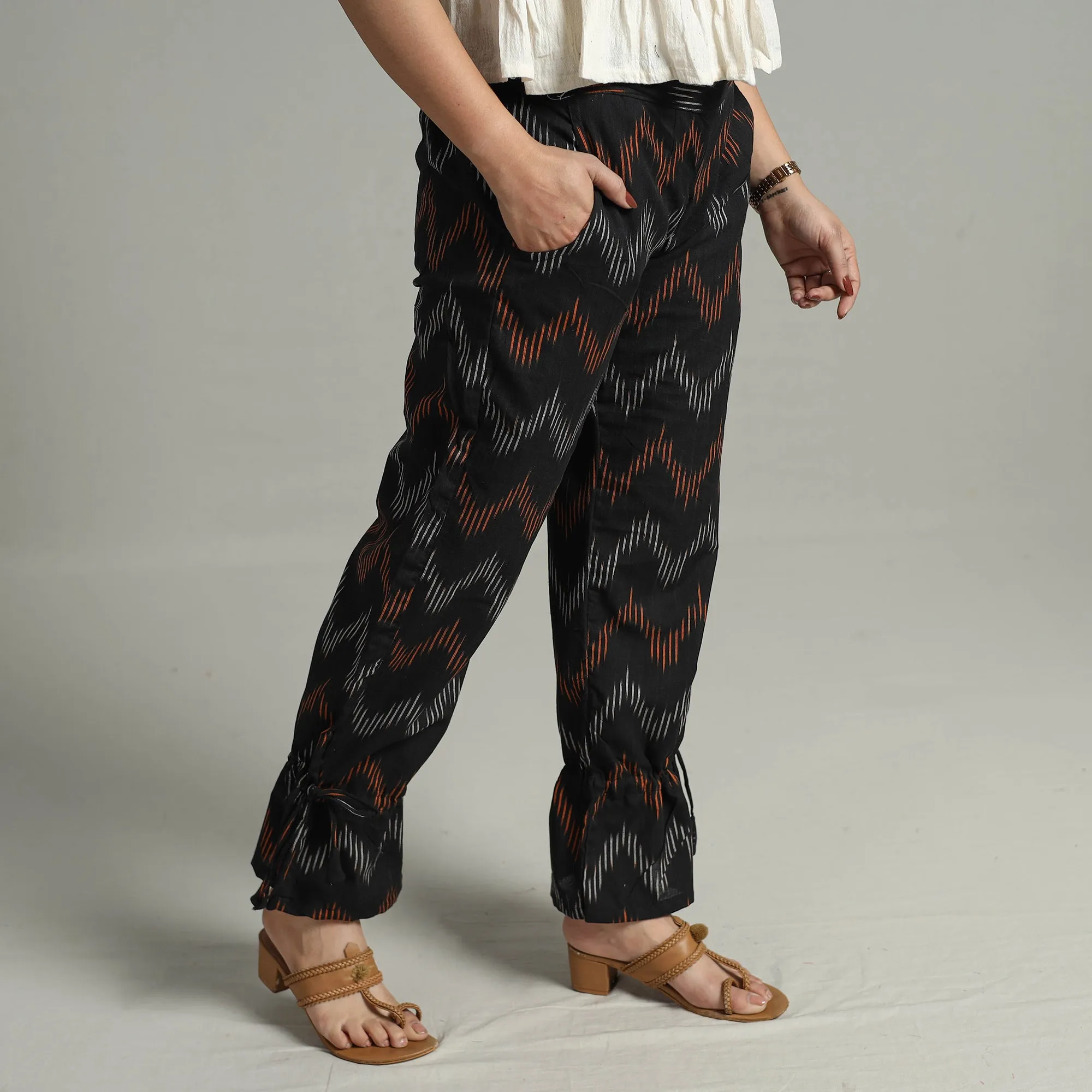 Black - Pochampally Ikat Weave Cotton Elasticated Pant 13