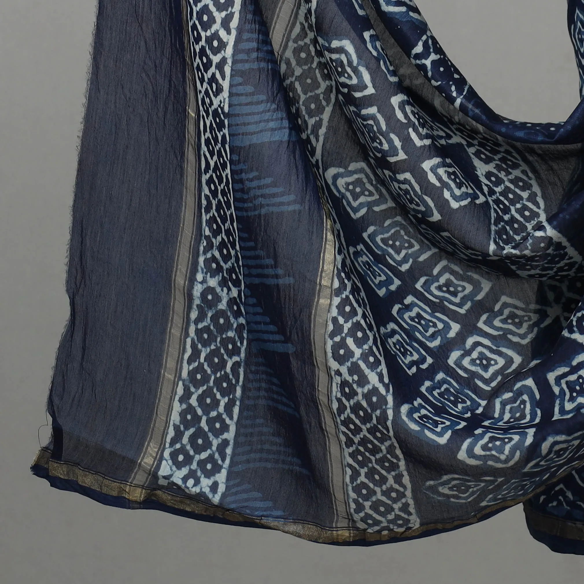 Blue - 3pc Chanderi Silk Indigo Bagru Print Dress Material 02