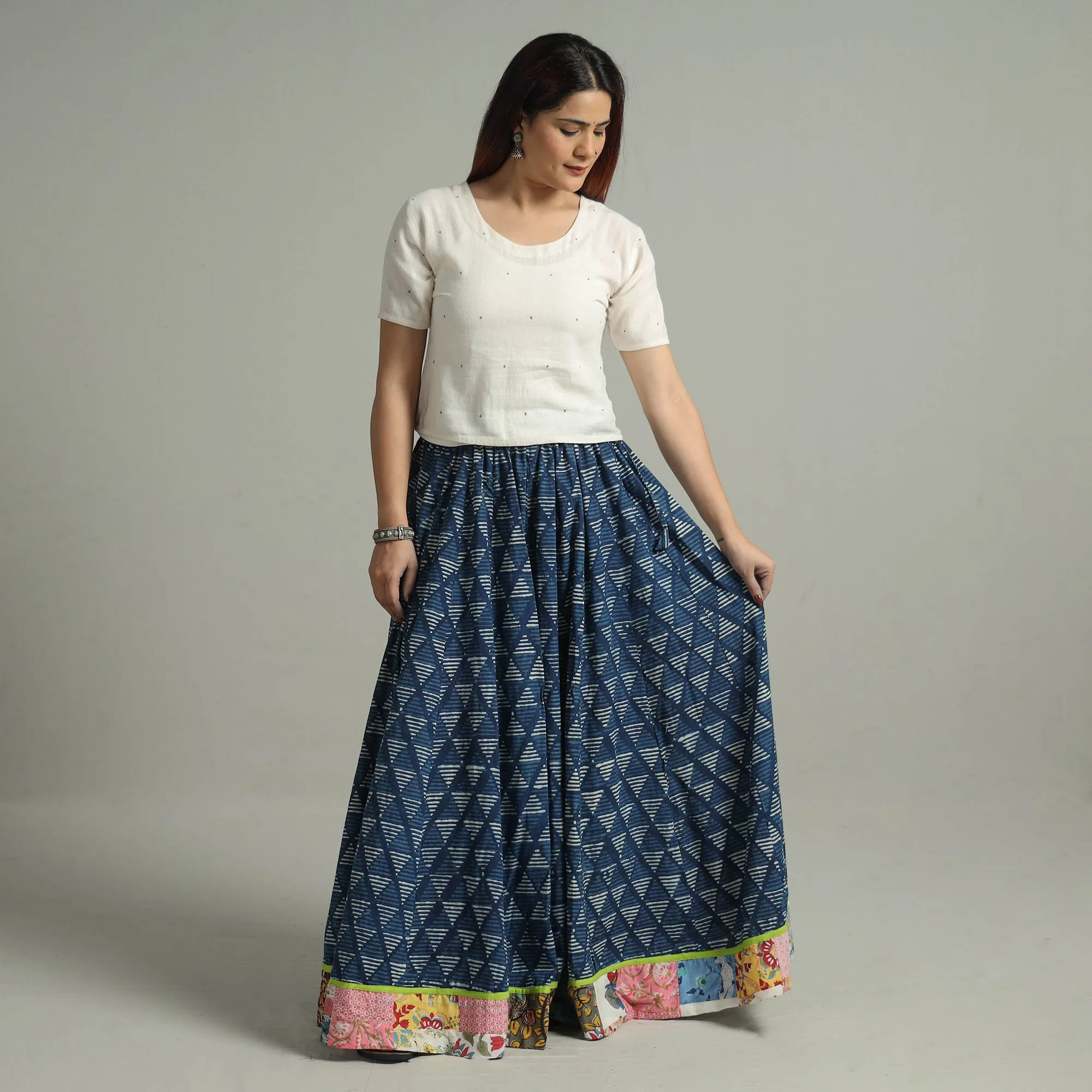 Blue - Indigo Block Printed 24 Kali Patchwork Cotton Long Skirt 19