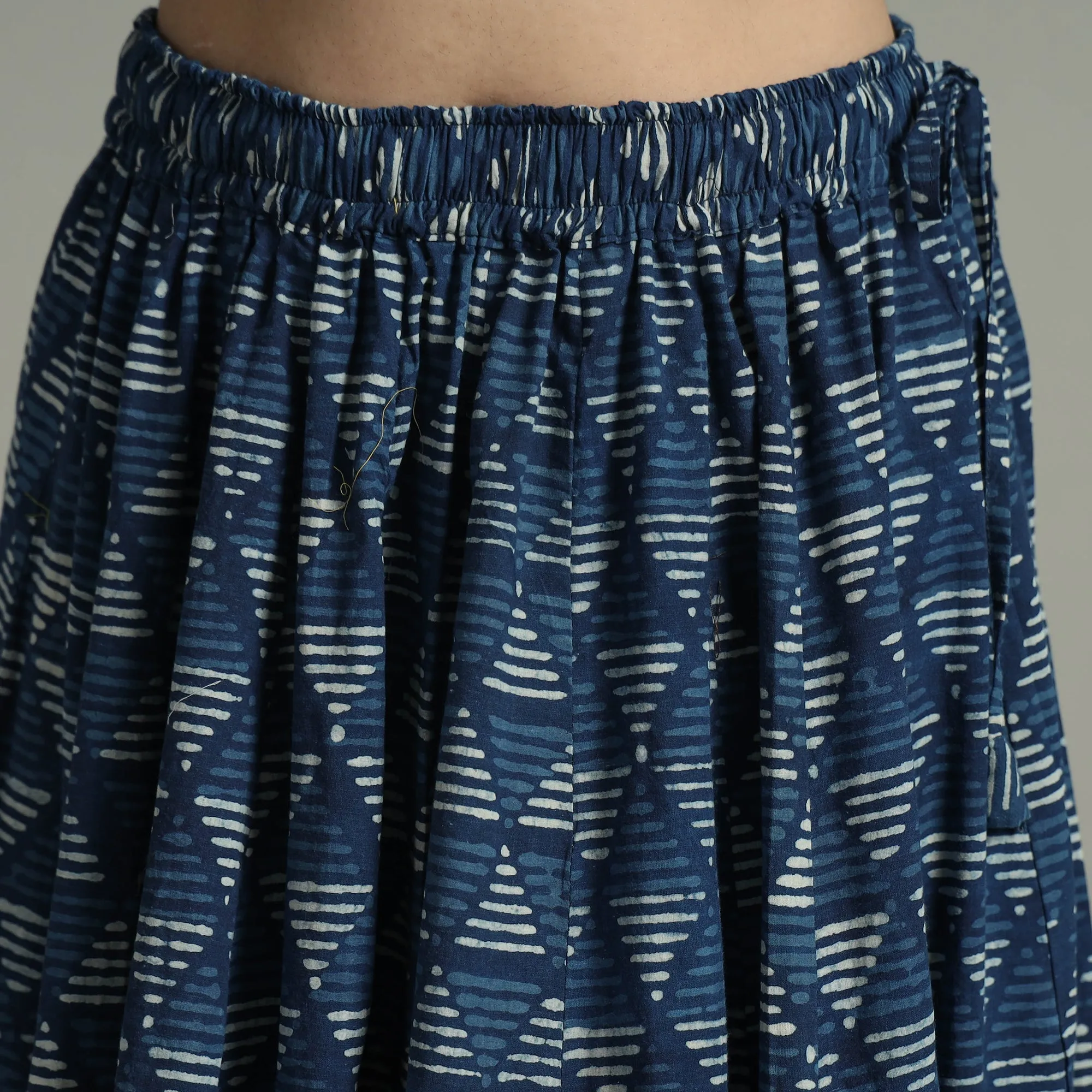 Blue - Indigo Block Printed 24 Kali Patchwork Cotton Long Skirt 19