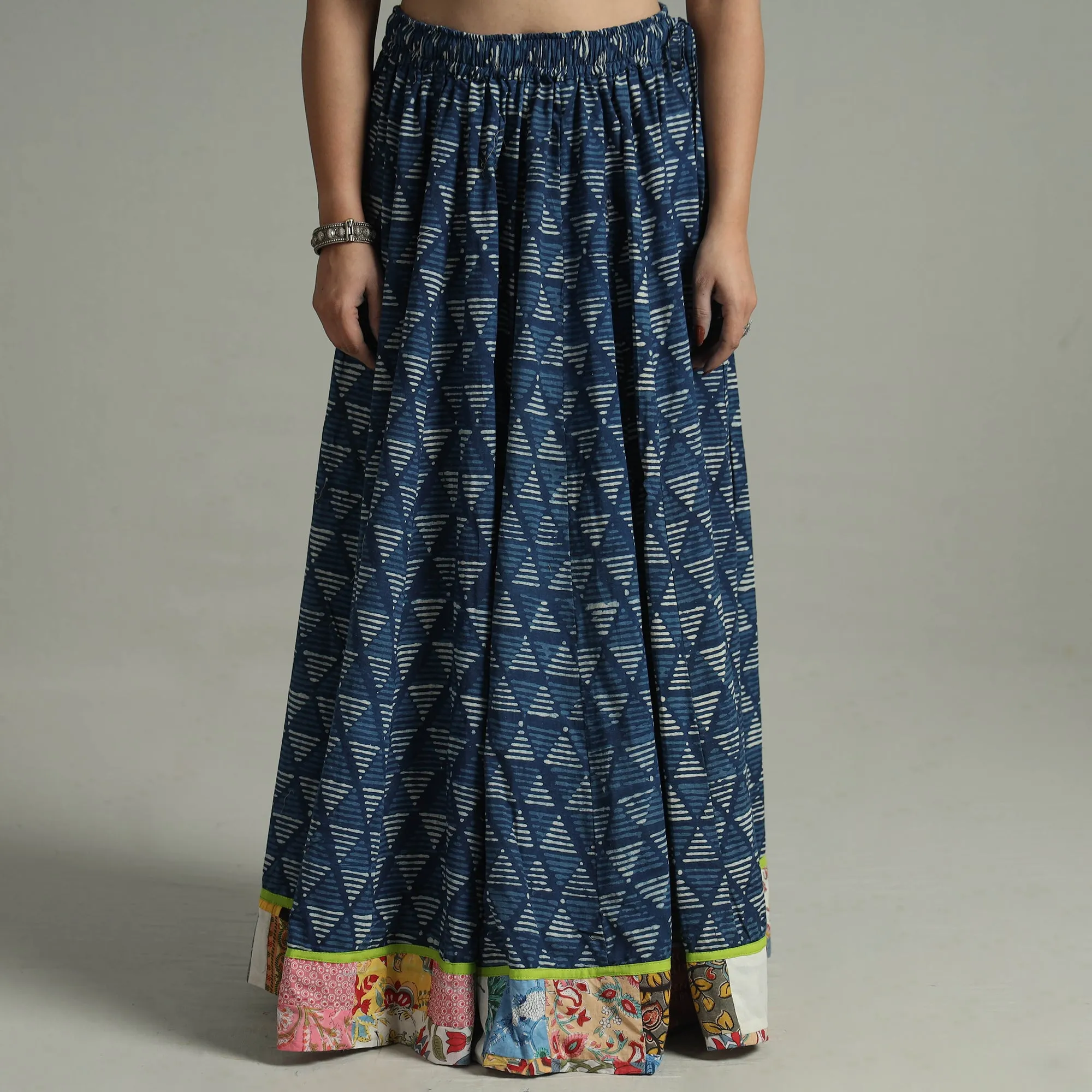 Blue - Indigo Block Printed 24 Kali Patchwork Cotton Long Skirt 19