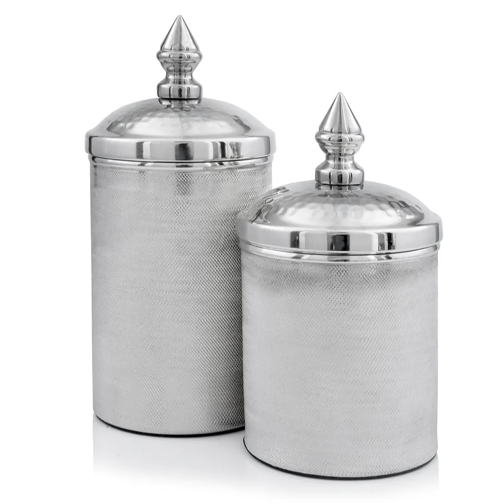 Botes Silver Set of 2, Artsy, Decorative Storage Containers, Home, Kitchen, Office, Smaller Canister: 4.25" x 4.25" x 9", Larger: 4.5" x 4.5" x 11"