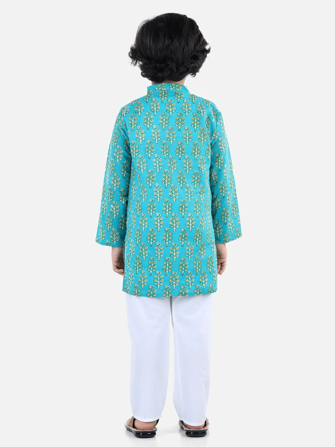 Boys Cotton Floral printed Asymmetric Front Open Kurta Pajama- Green