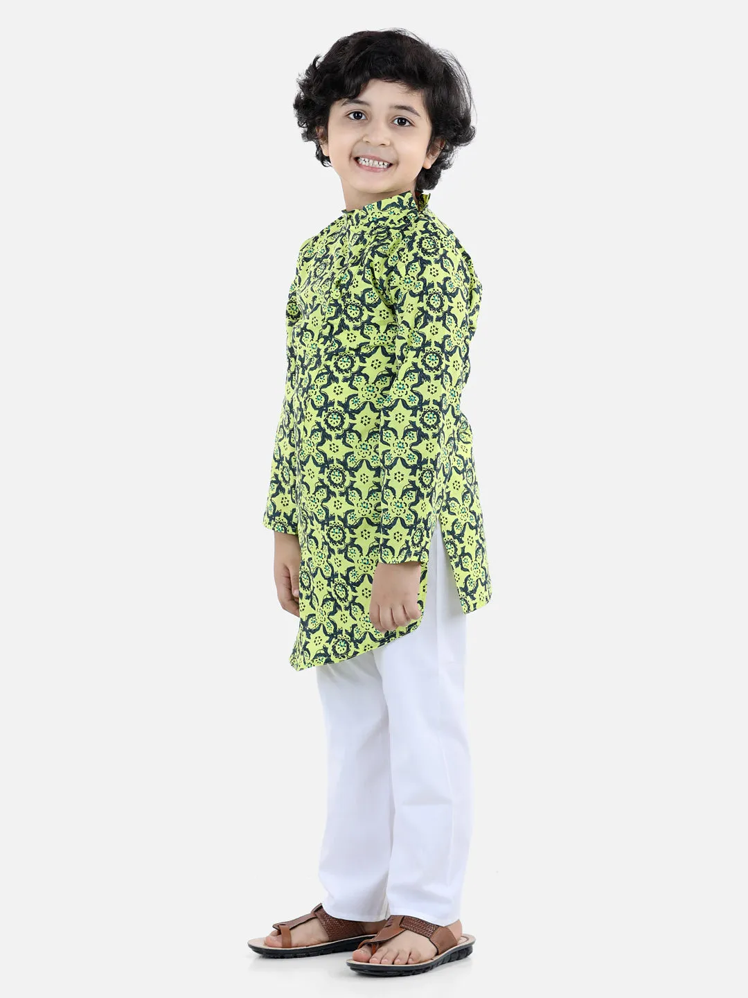 Boys Cotton Floral printed Asymmetric Front Open Kurta Pajama- Yellow