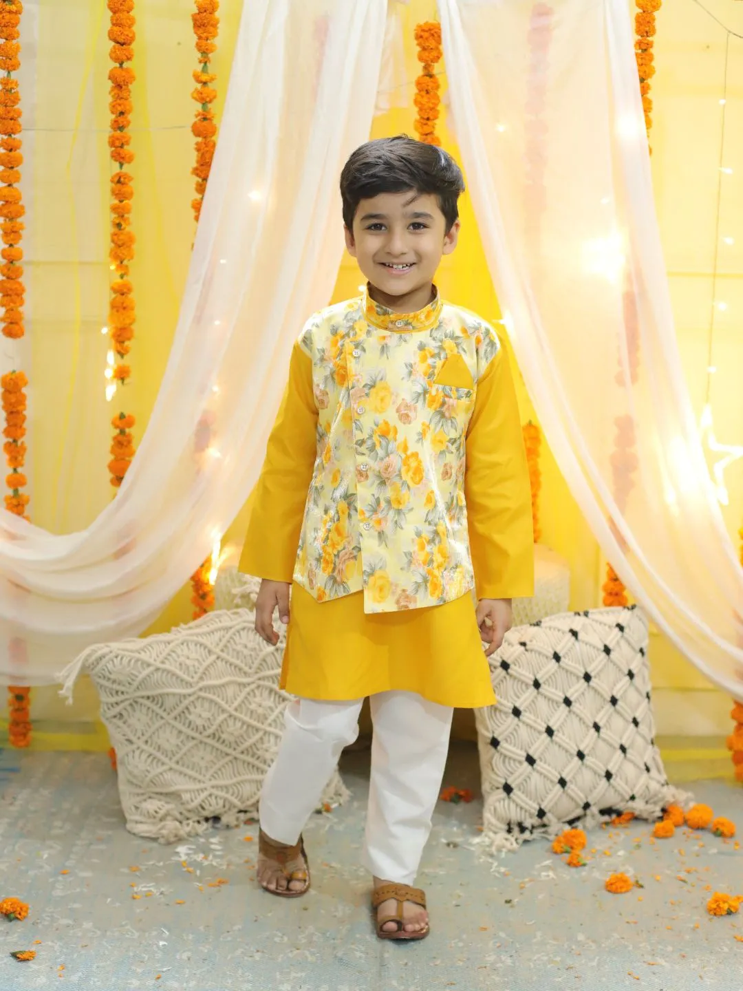 Boys Ethnic Attached Floral printed Jacket Cotton Kurta Pajama -Yellow