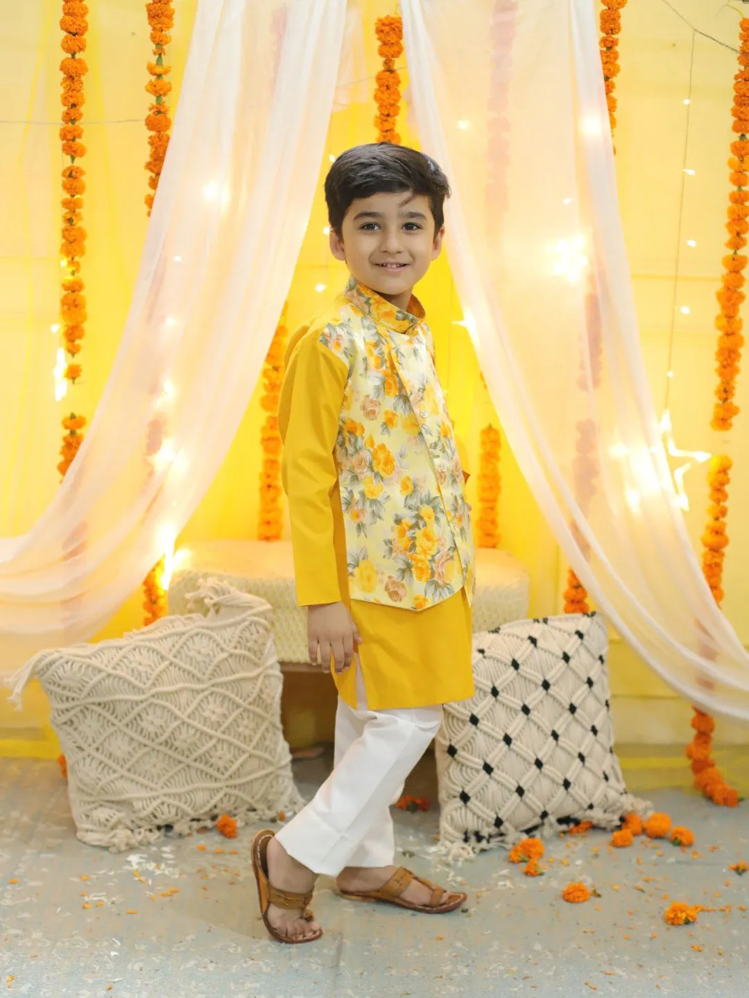 Boys Ethnic Attached Floral printed Jacket Cotton Kurta Pajama -Yellow