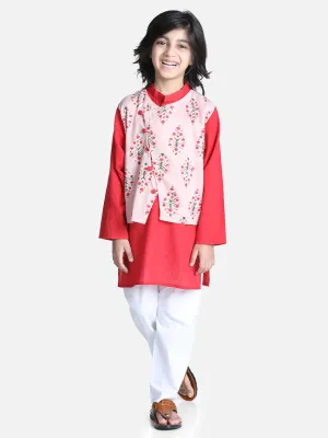 Boys Ethnic Festive Wear Cotton Attached Floral Jacket Kurta Pajama - Peach