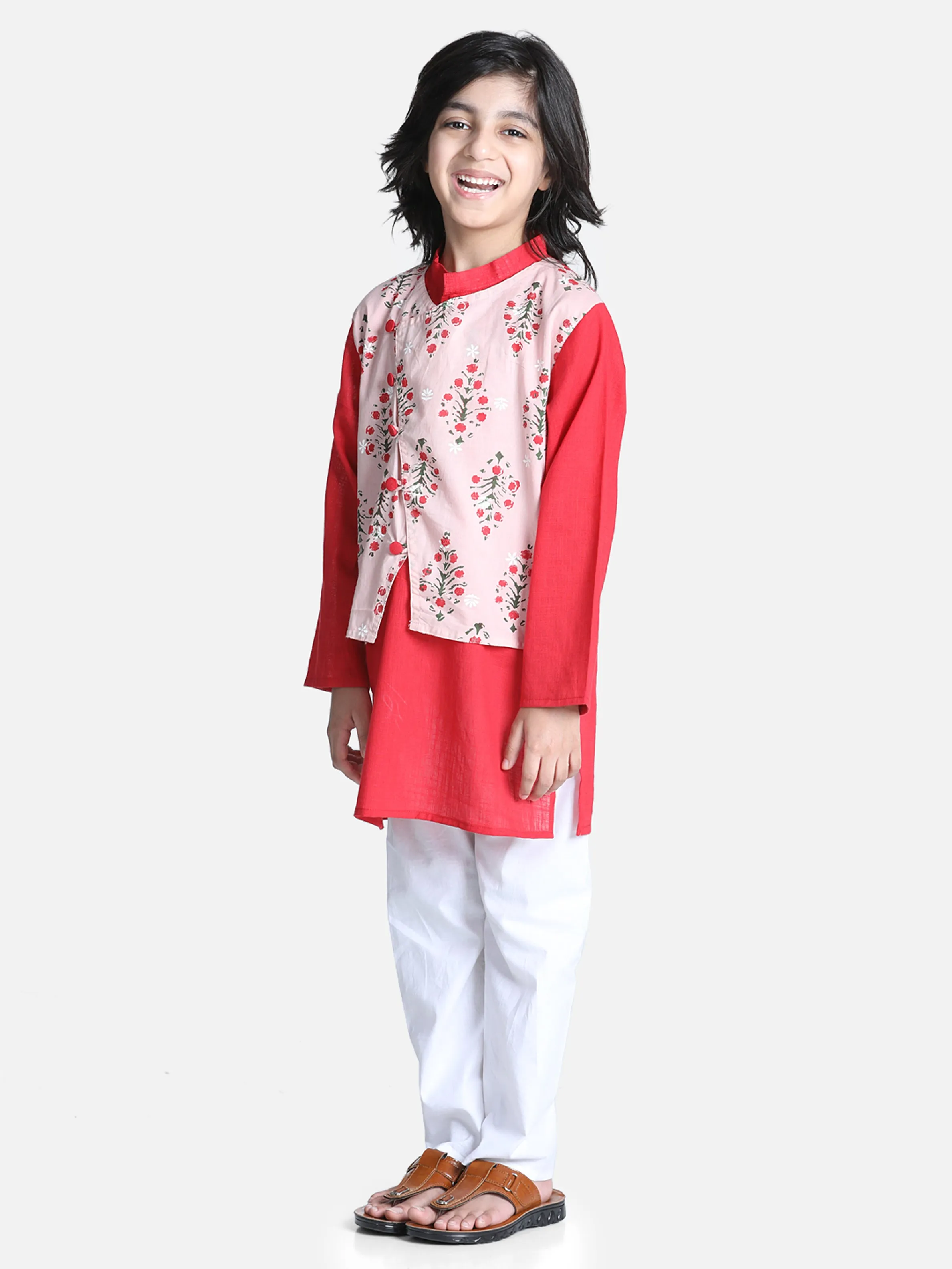 Boys Ethnic Festive Wear Cotton Attached Floral Jacket Kurta Pajama - Peach