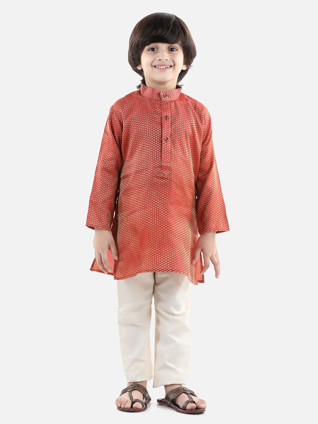 Boys Ethnic Full Sleeve Jacquard Kurta Pajama- Red