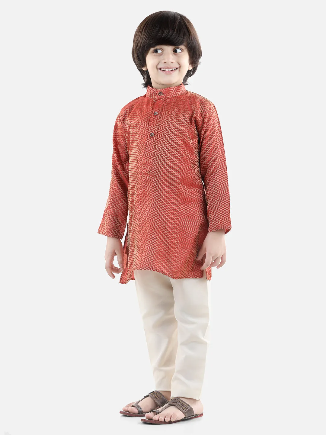 Boys Ethnic Full Sleeve Jacquard Kurta Pajama- Red