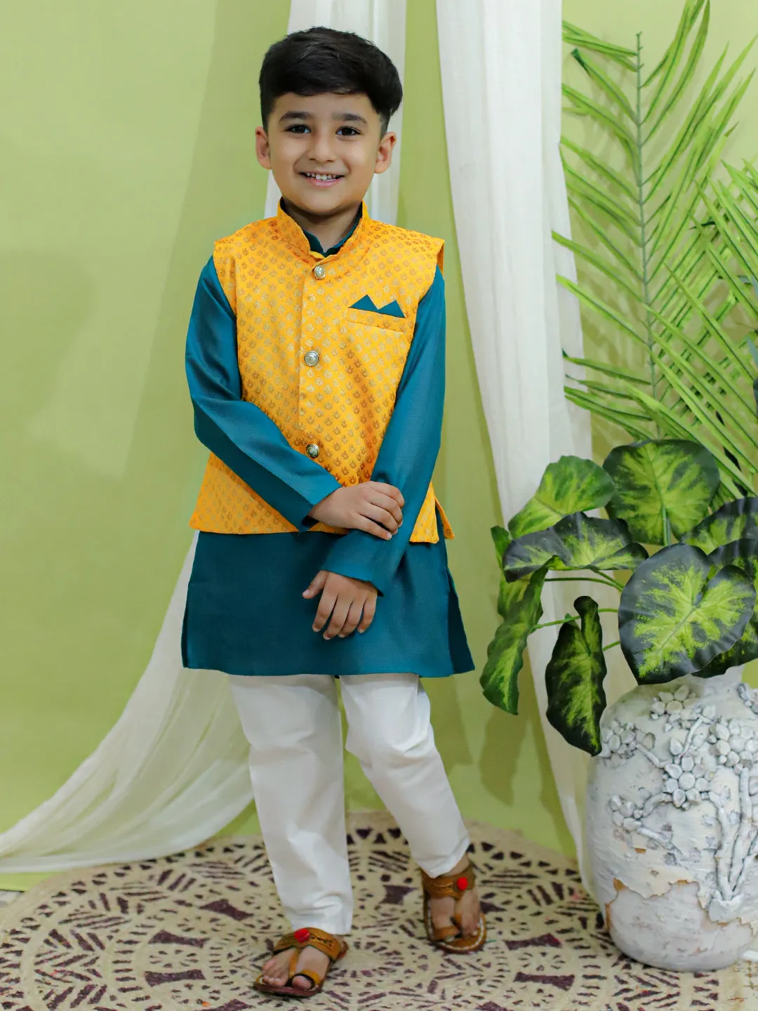 Boys Festive Wear Jacquard Jacket with Cotton Kurta Pajama Yellow