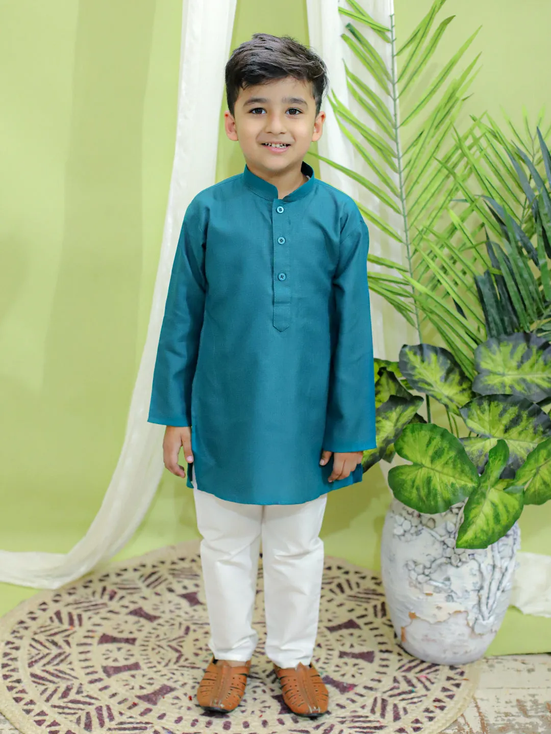 Boys Festive Wear Jacquard Jacket with Cotton Kurta Pajama Yellow