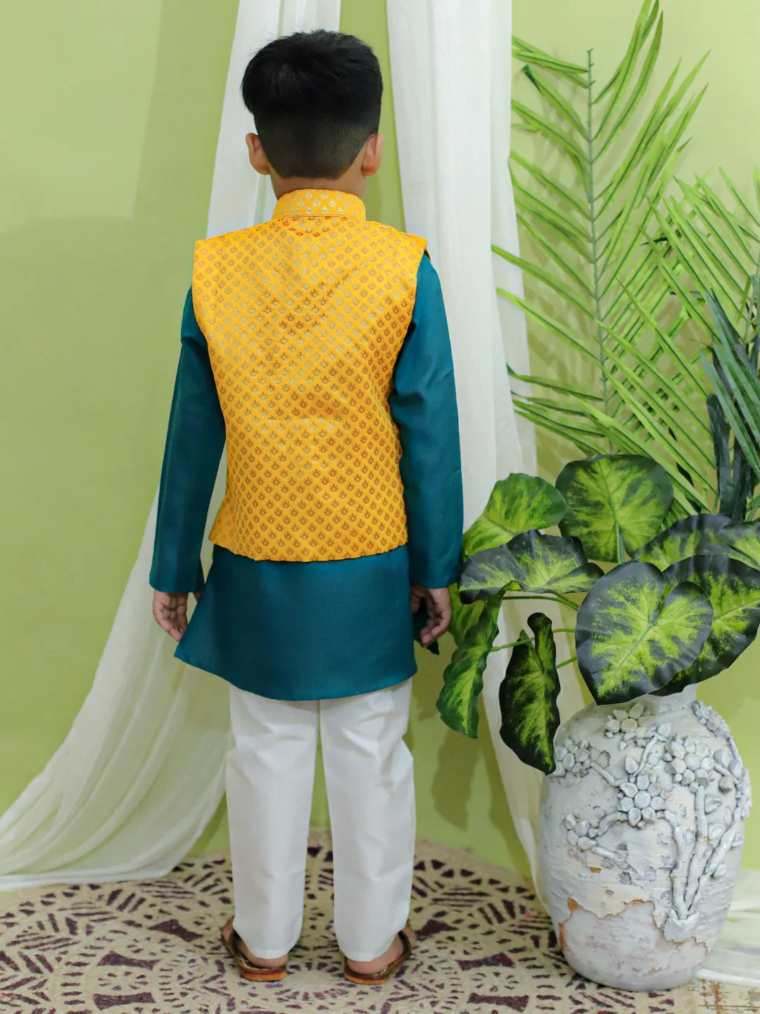 Boys Festive Wear Jacquard Jacket with Cotton Kurta Pajama Yellow