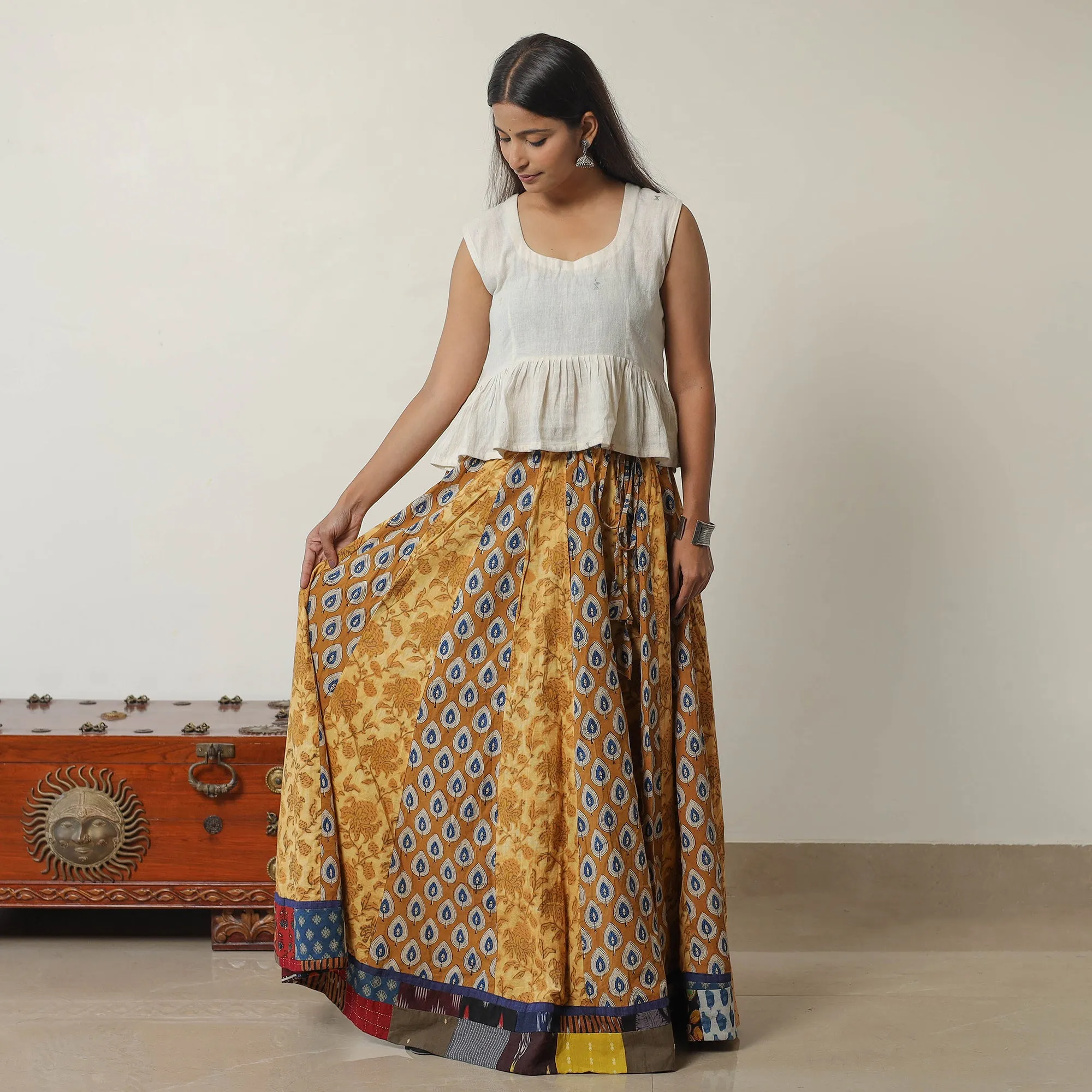 Brown - Bagru Block Printed 24 Kali Patchwork Cotton Long Skirt 31