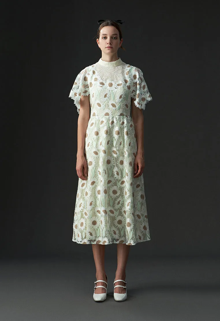 Chamomile Mix Lace Stand Collar Cocktail Dress