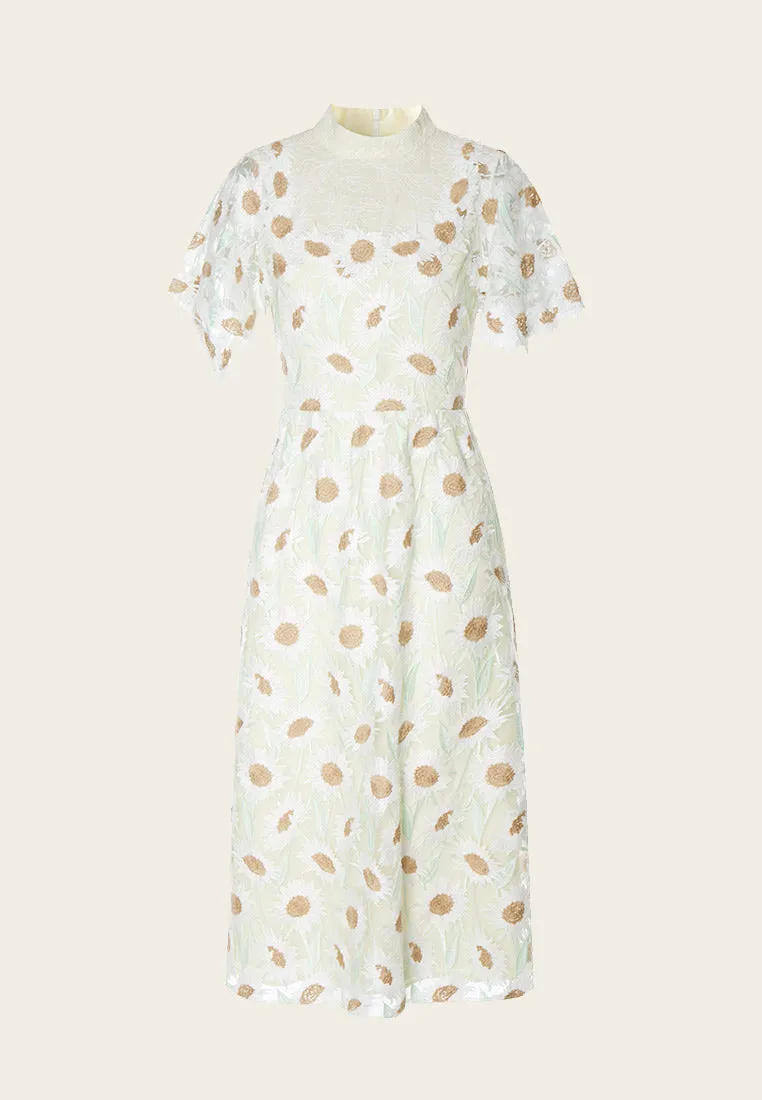 Chamomile Mix Lace Stand Collar Cocktail Dress