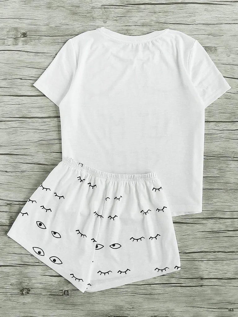 Closed Eyes Print Tee And Shorts Pajama Set