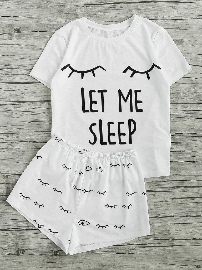 Closed Eyes Print Tee And Shorts Pajama Set