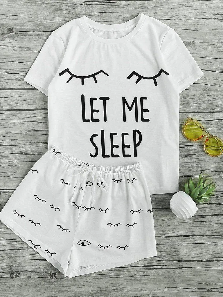 Closed Eyes Print Tee And Shorts Pajama Set