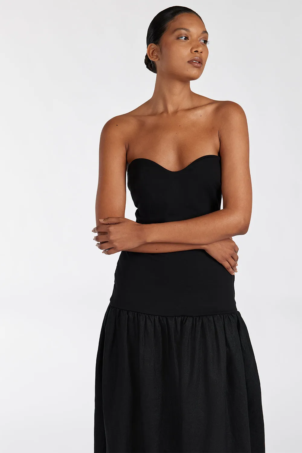 ELLISON BLACK STRAPLESS MIDI DRESS