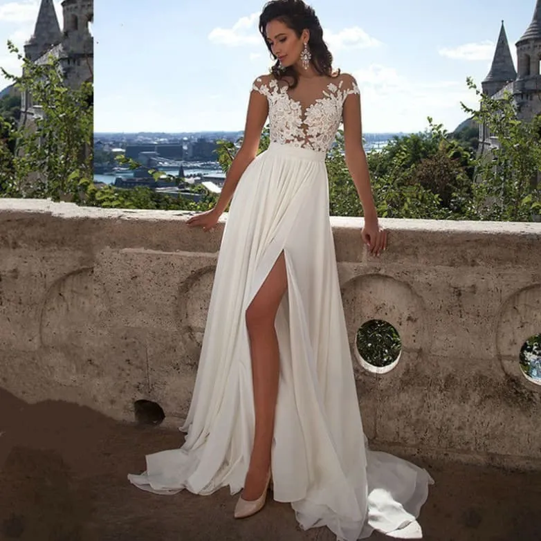 Front Split Hem Embroidery Lace Bodice Wedding Dress