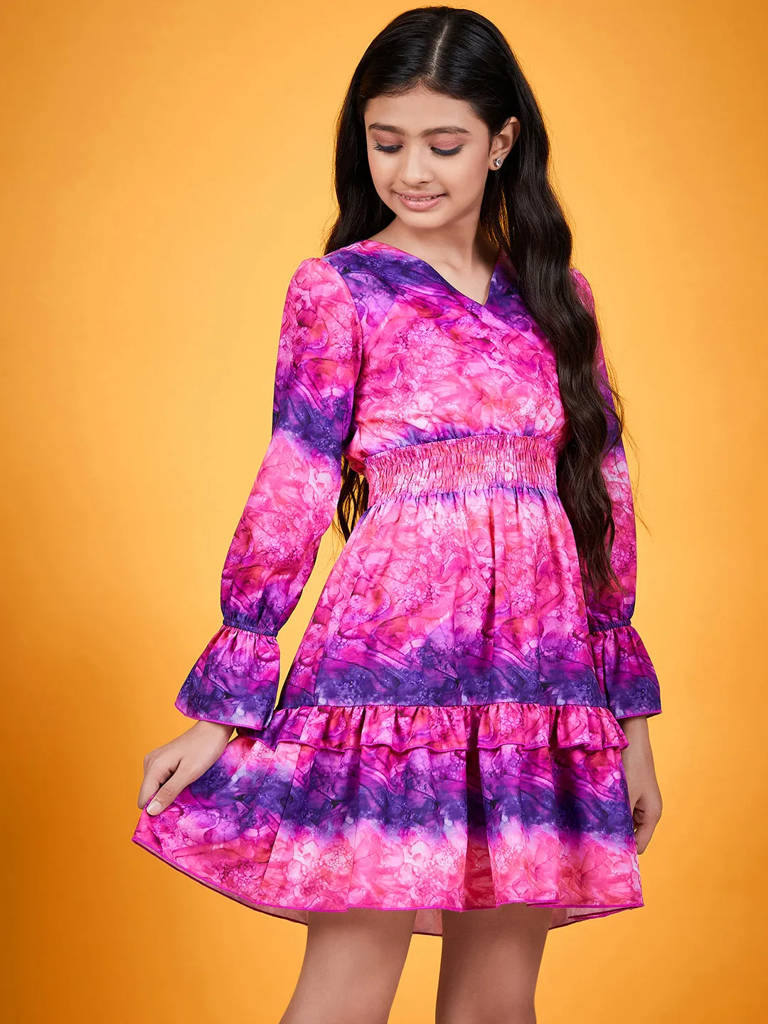 Girls Abstract Printed V-Neck Smocked Ruffled Fit Flare Dress