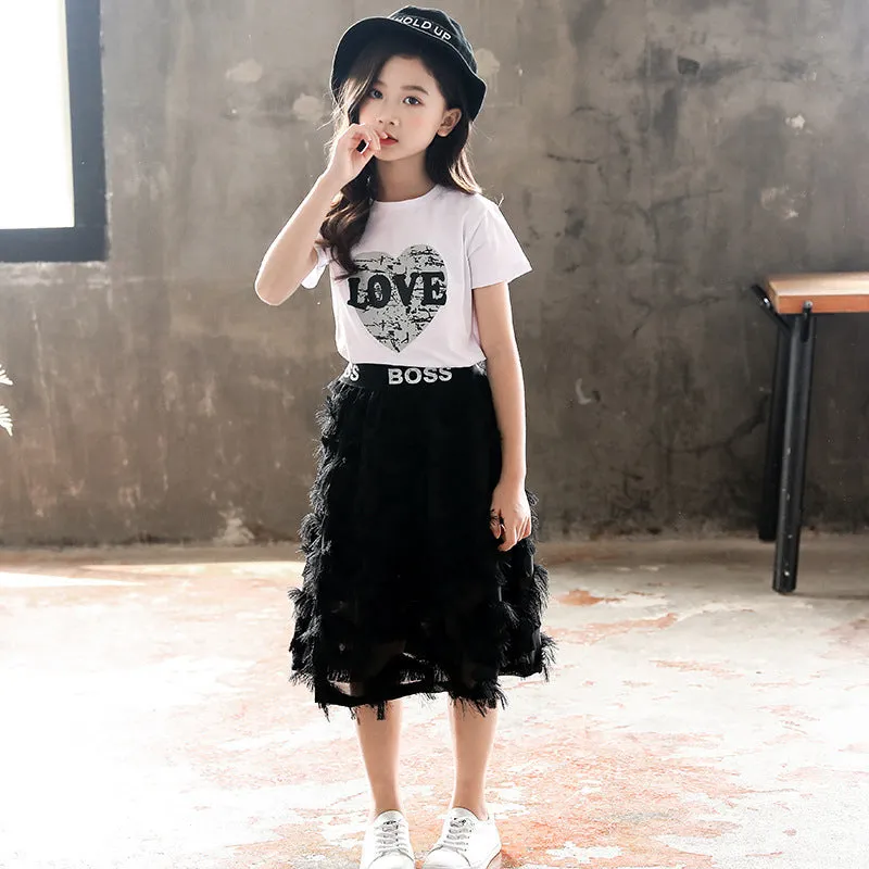 Girl's Dress Love Print Short Sleeve Suit