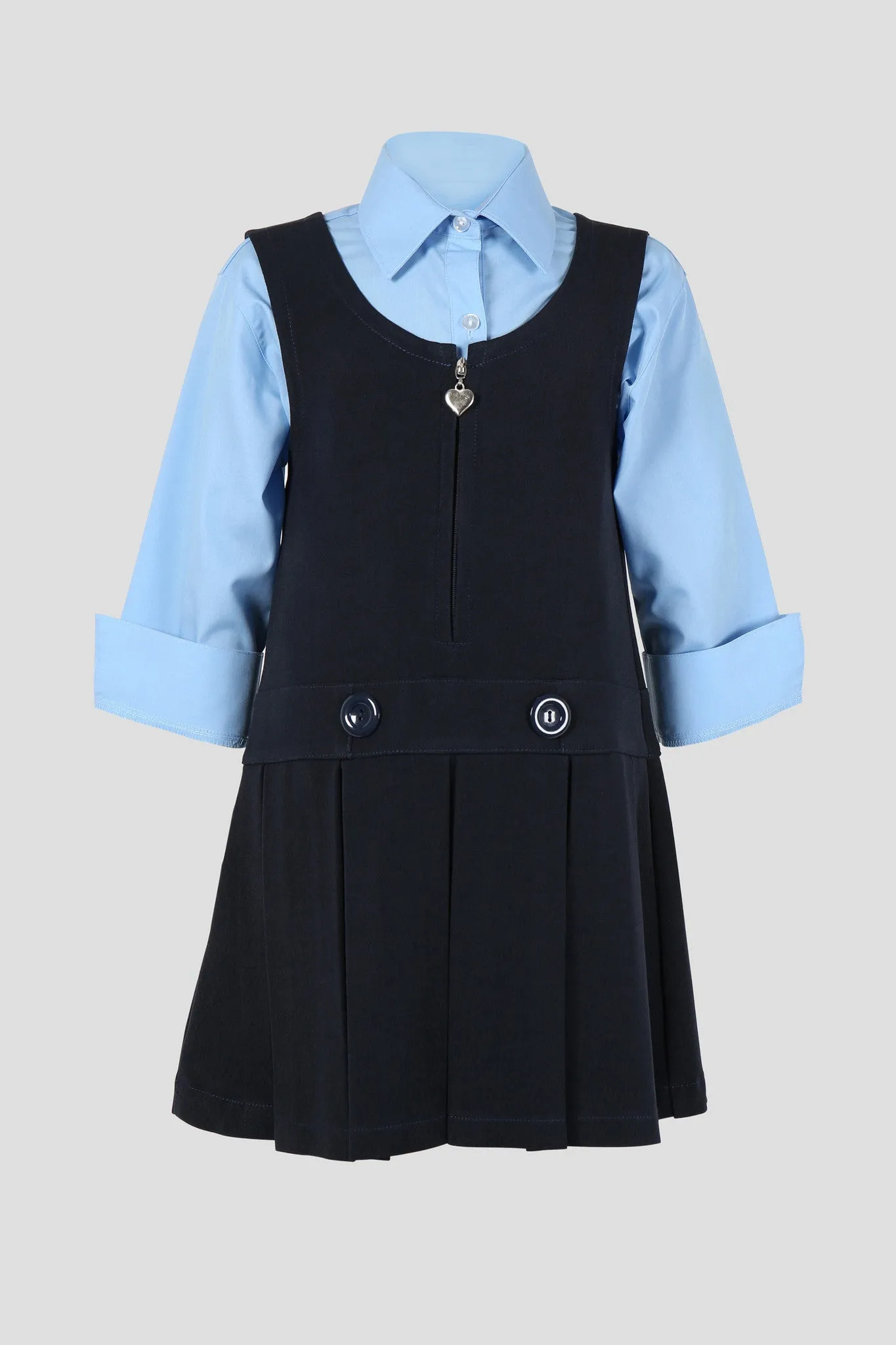 Girls school pinafore with double button and heart zip detail - Quality school uniforms at the School Clothing Company