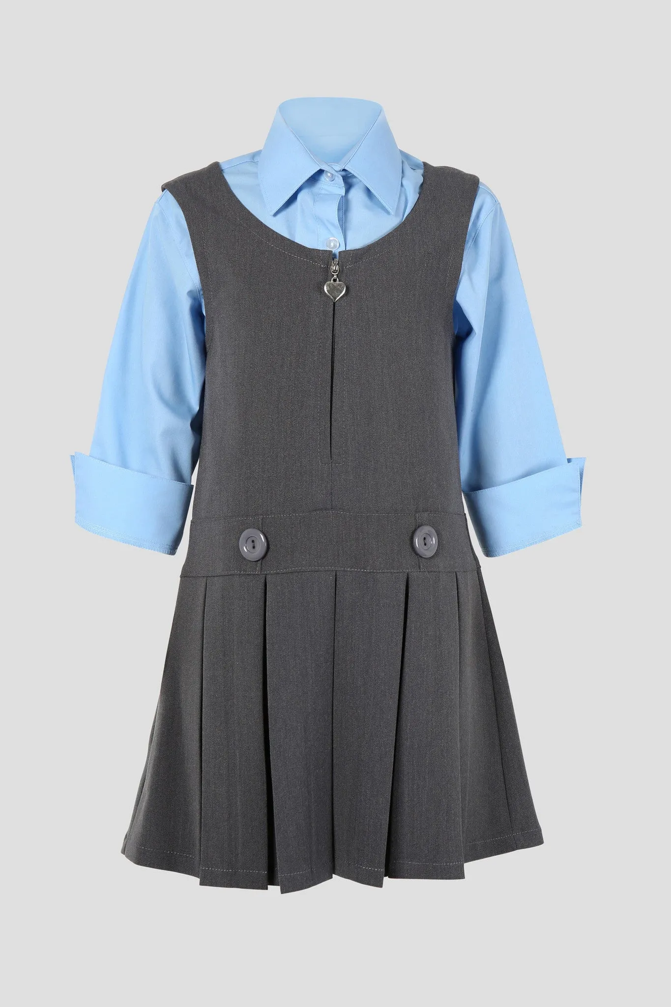 Girls school pinafore with double button and heart zip detail - Quality school uniforms at the School Clothing Company