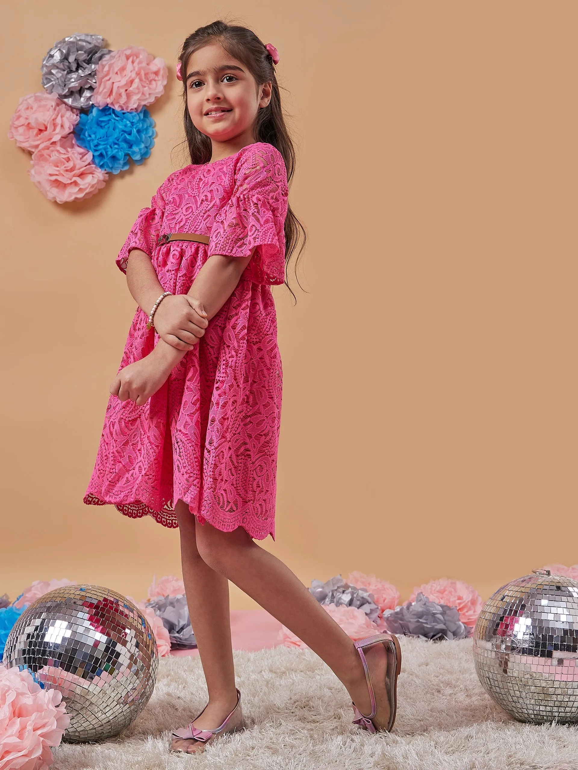 Girls Self Design Bell Sleeve Lace Fit Flare Dress