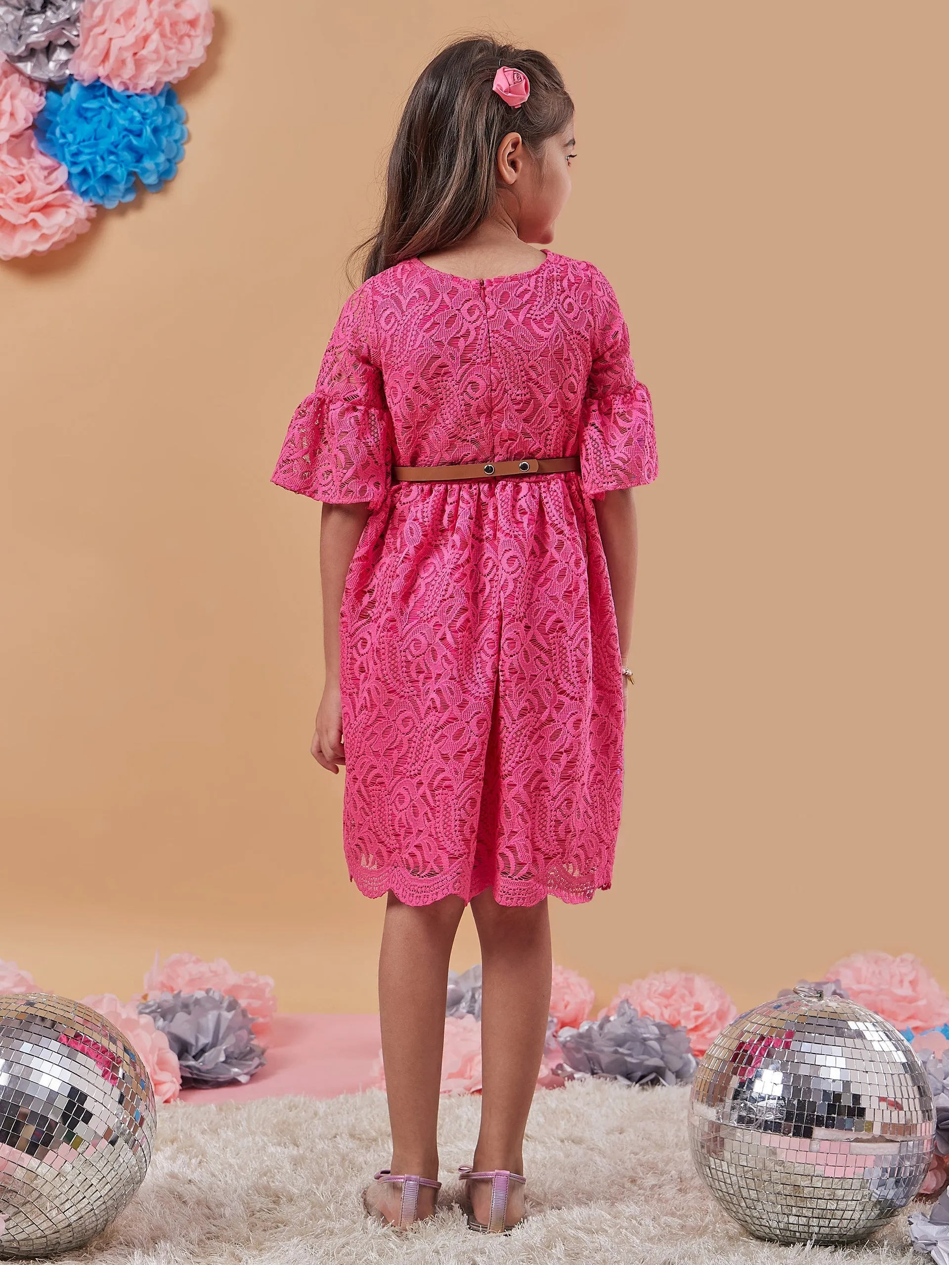 Girls Self Design Bell Sleeve Lace Fit Flare Dress