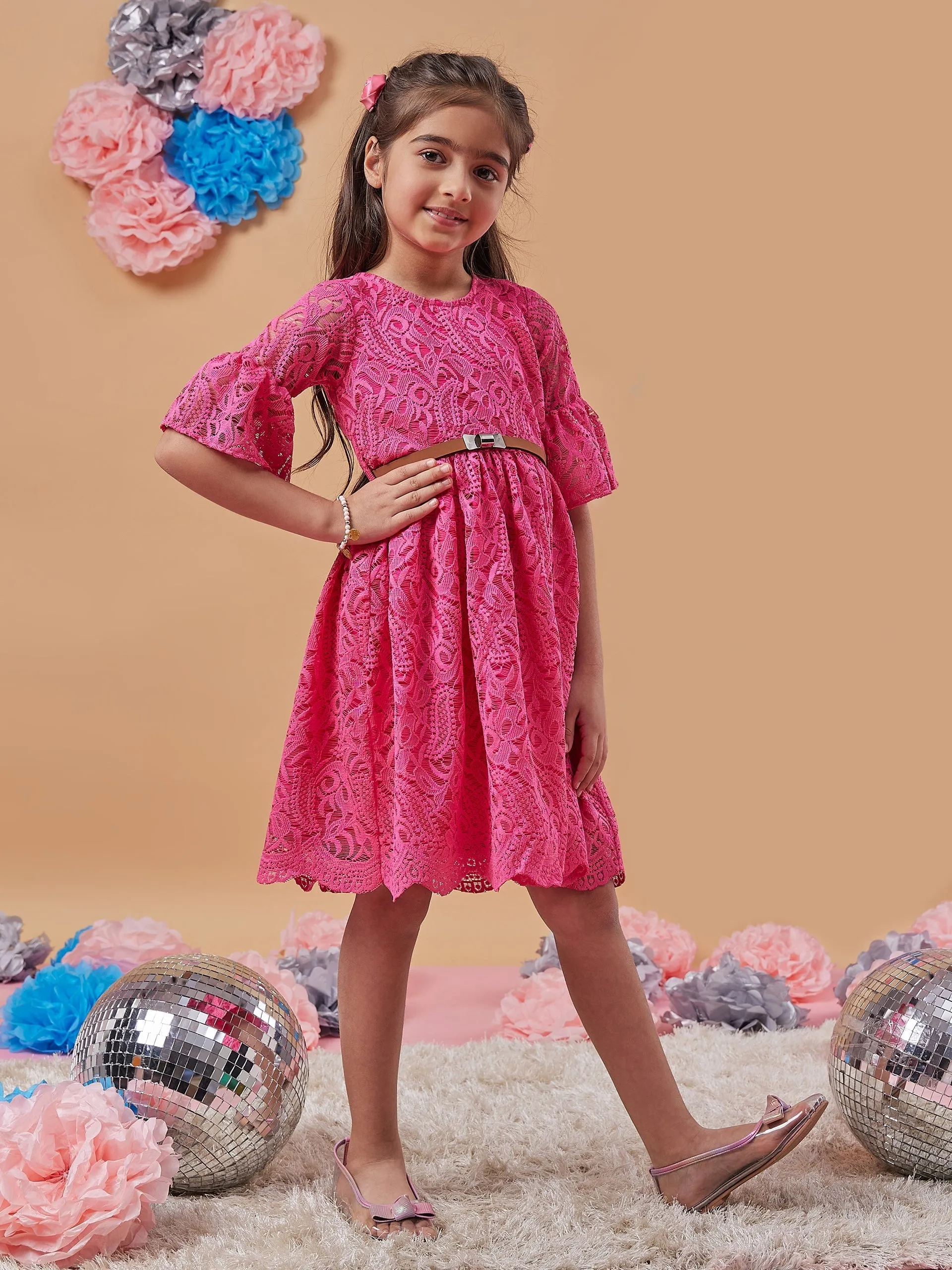 Girls Self Design Bell Sleeve Lace Fit Flare Dress