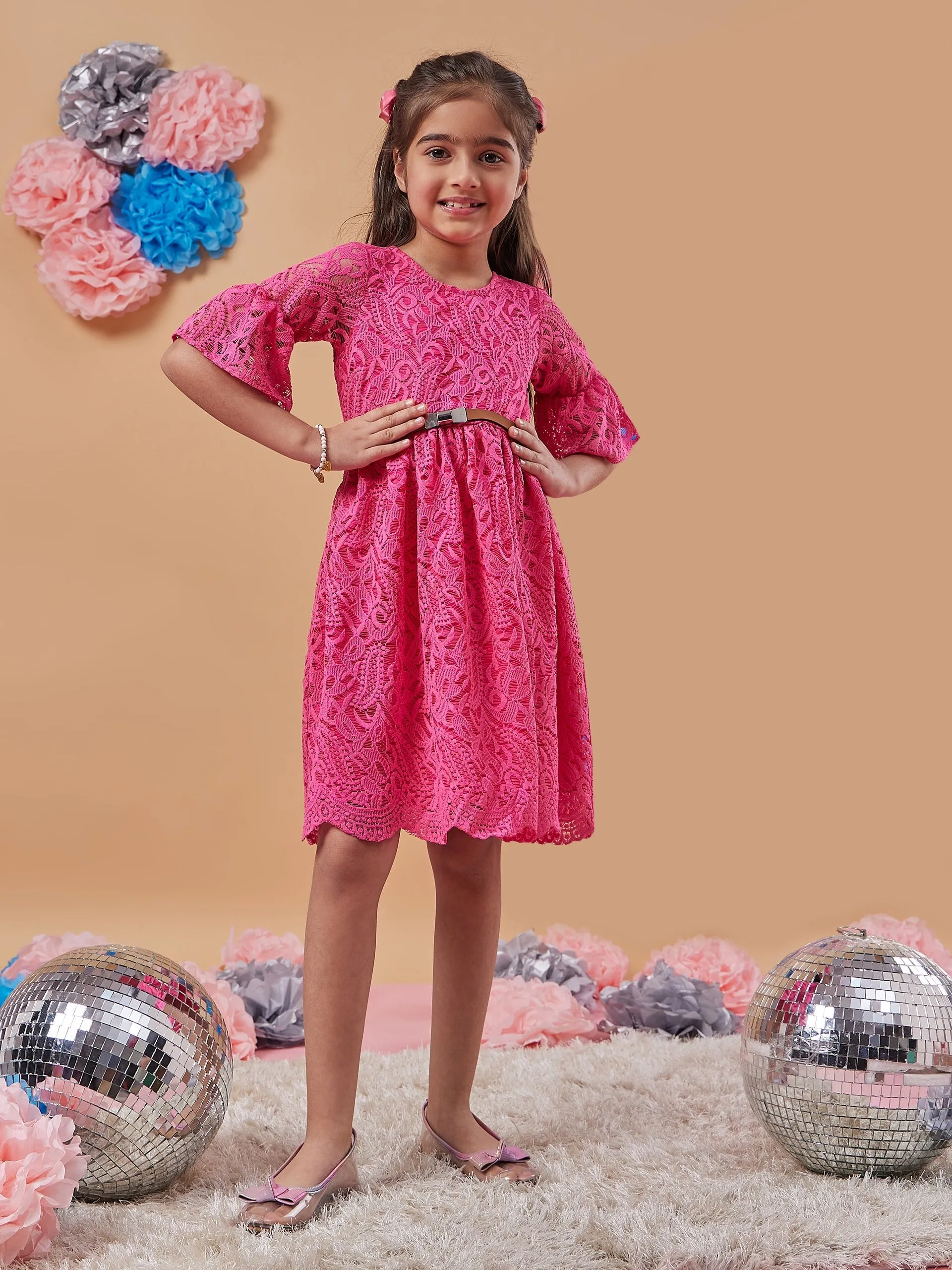 Girls Self Design Bell Sleeve Lace Fit Flare Dress