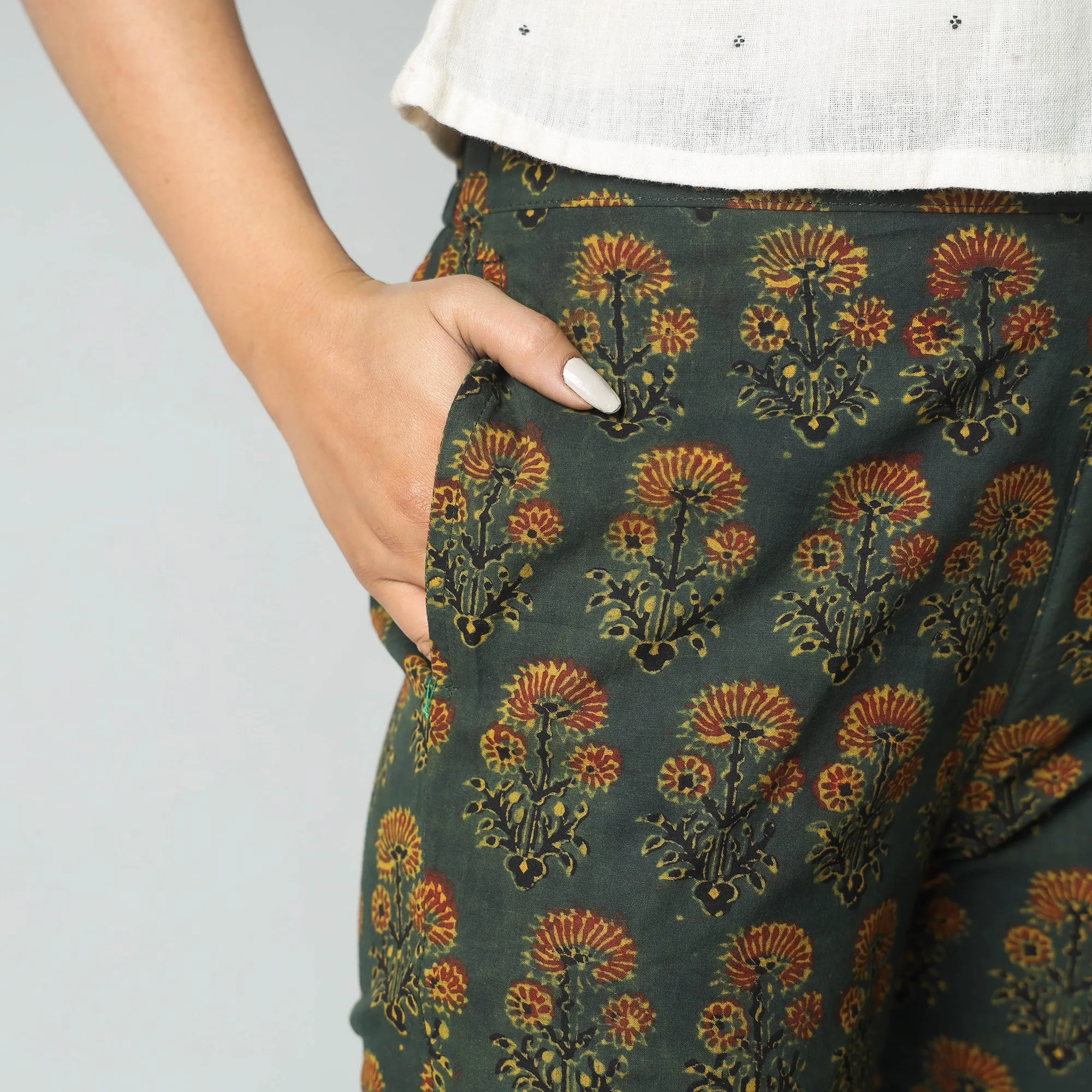 Green - Ajrakh Block Printed Cotton Pant