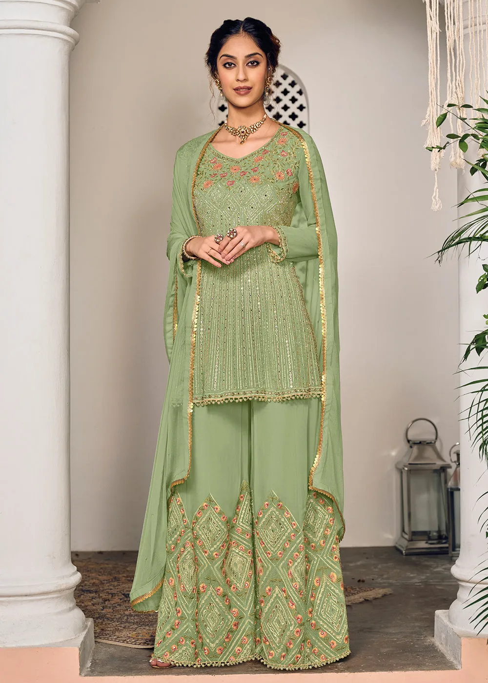 Green and Gold Embroidered Designer Sharara Suit