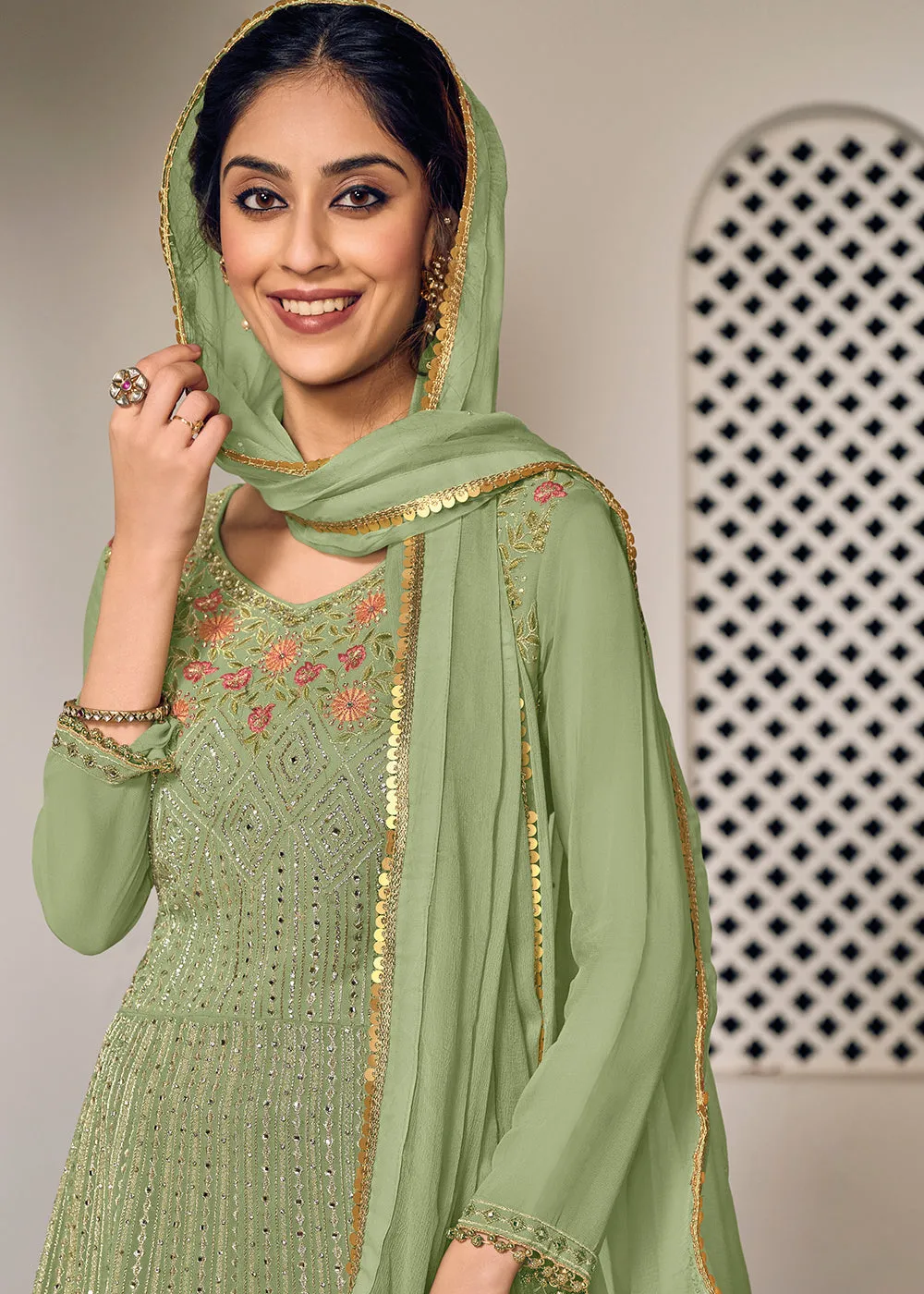 Green and Gold Embroidered Designer Sharara Suit