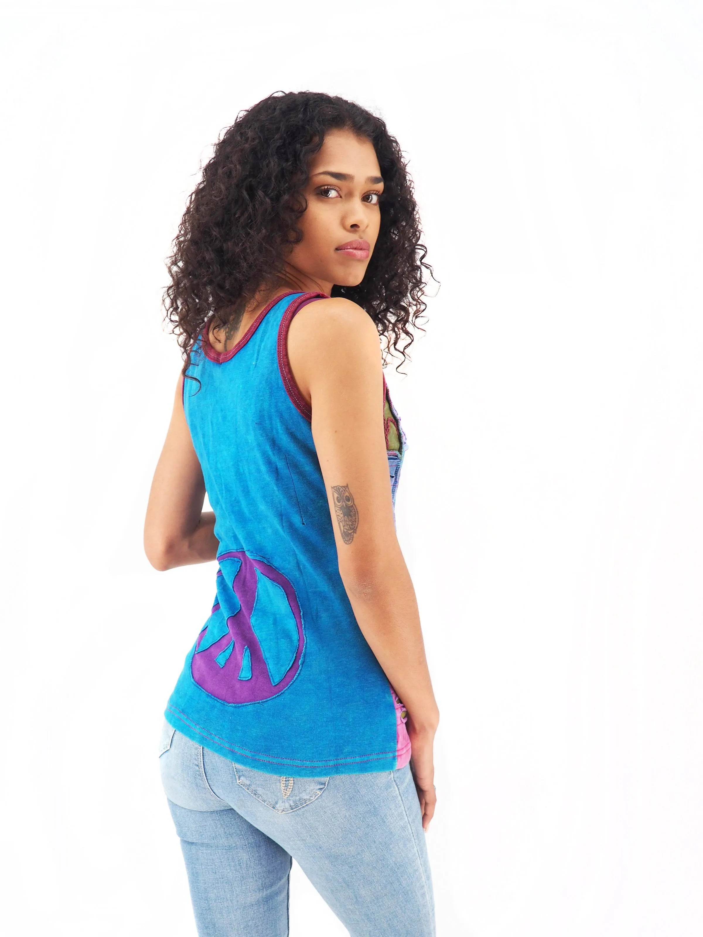 Handmade Patchwork Boho Tank Top 100% Pre-Washed Cotton Blue Tones S-M-L-XL