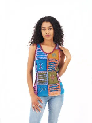 Handmade Patchwork Boho Tank Top 100% Pre-Washed Cotton Blue Tones S-M-L-XL