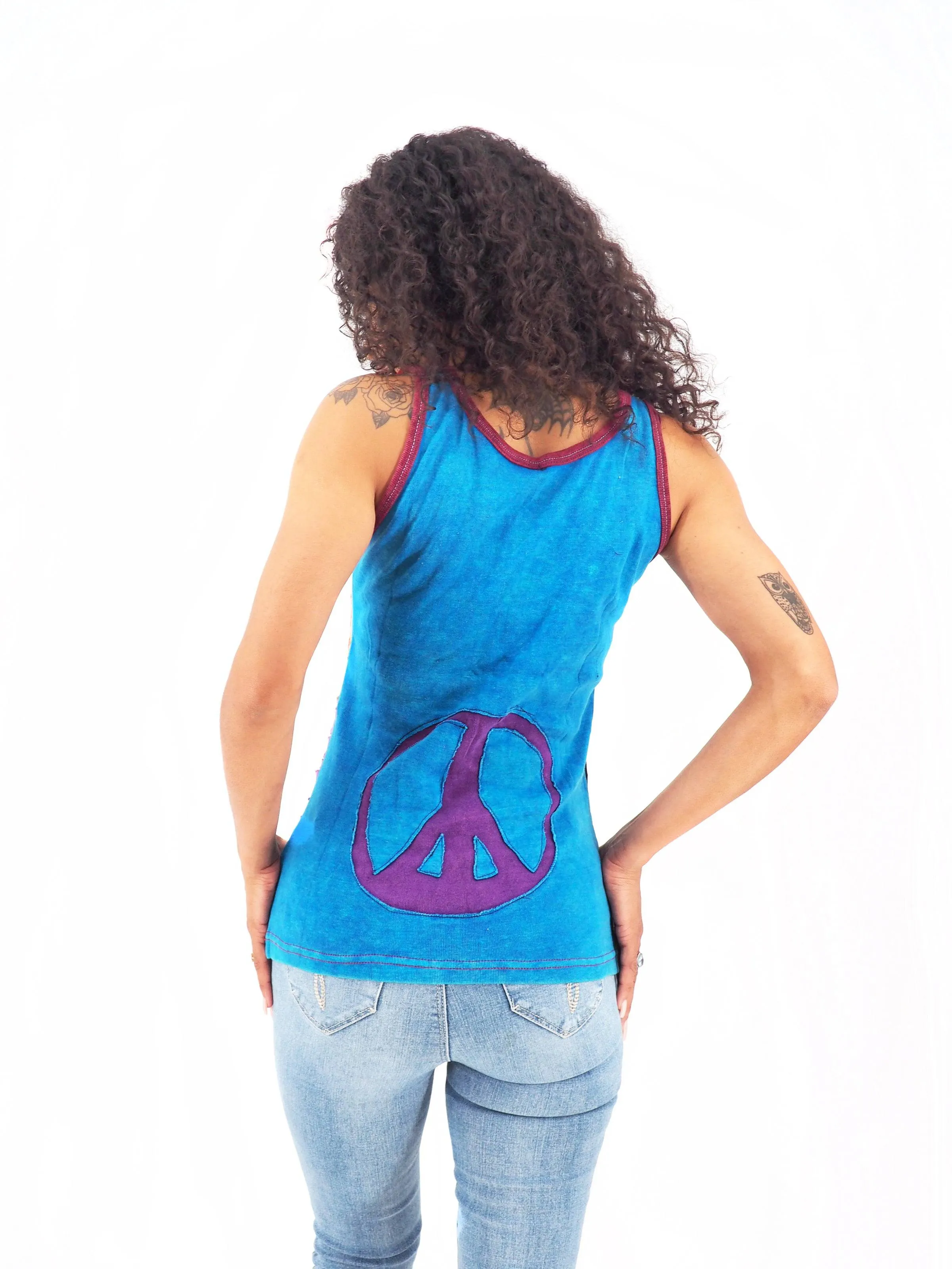 Handmade Patchwork Boho Tank Top 100% Pre-Washed Cotton Blue Tones S-M-L-XL