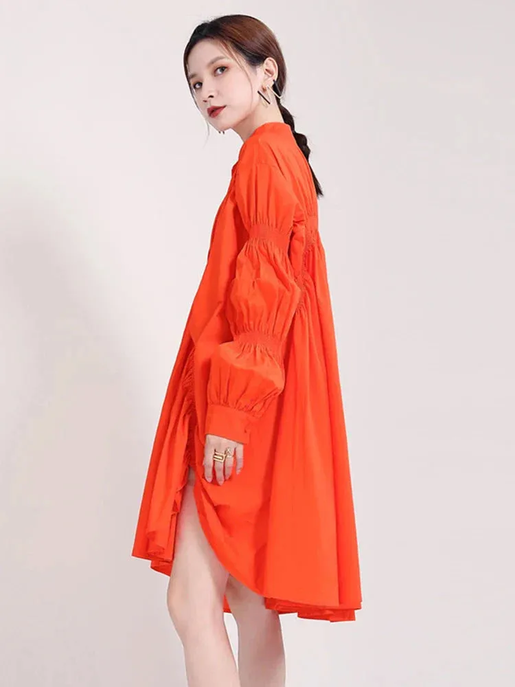 Hotaru Long Sleeve Pleated Shirt Dress - Orange