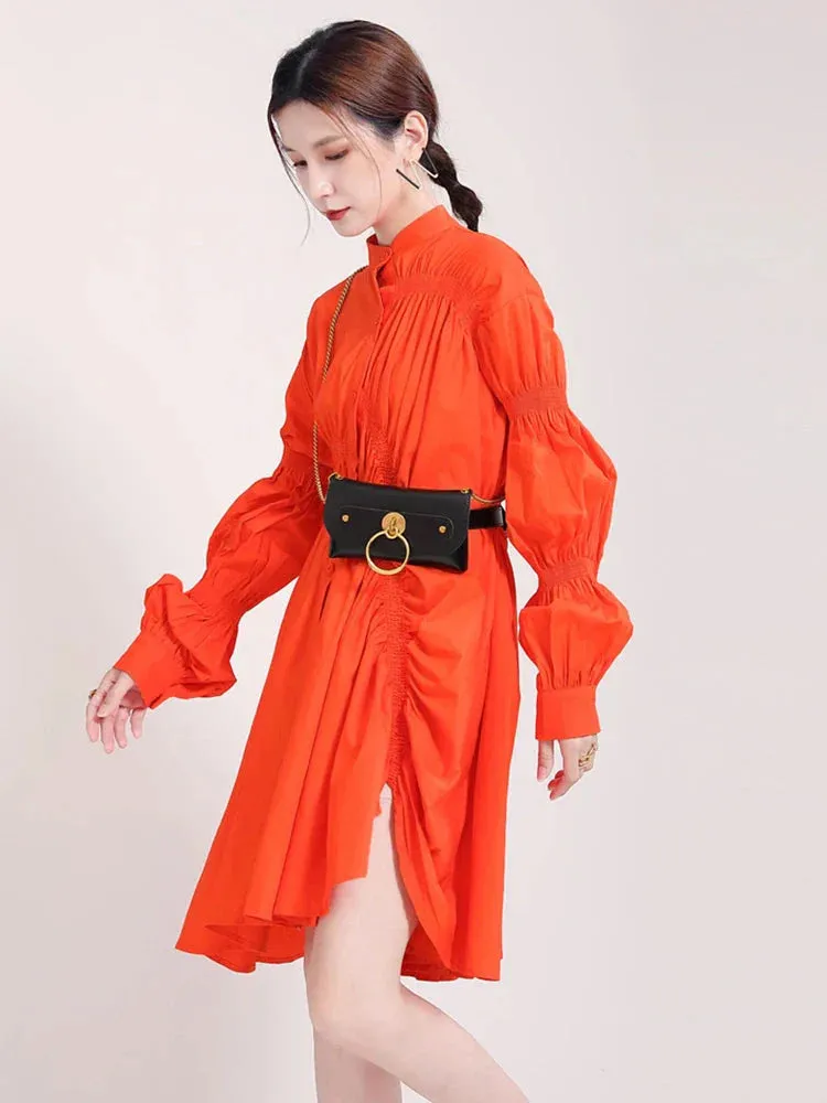 Hotaru Long Sleeve Pleated Shirt Dress - Orange