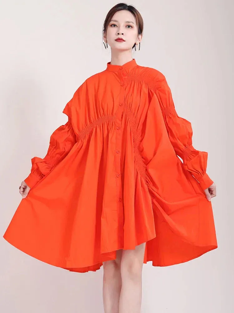 Hotaru Long Sleeve Pleated Shirt Dress - Orange