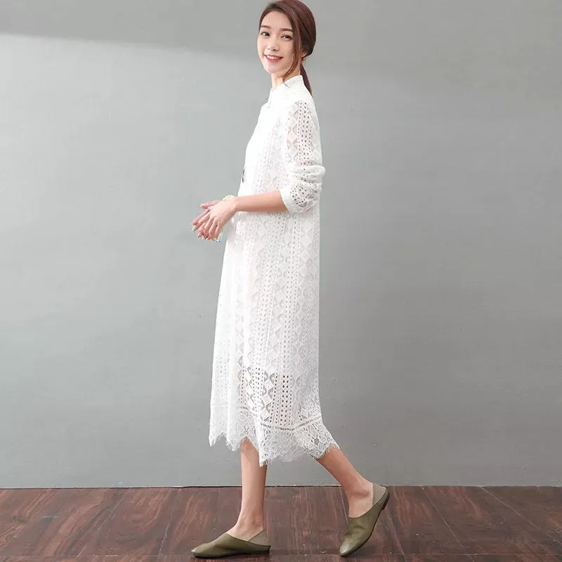 Lace Loose Style Cotton Linen Dresses Women Long  Dresses Short Sleeve