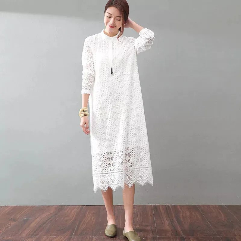 Lace Loose Style Cotton Linen Dresses Women Long  Dresses Short Sleeve